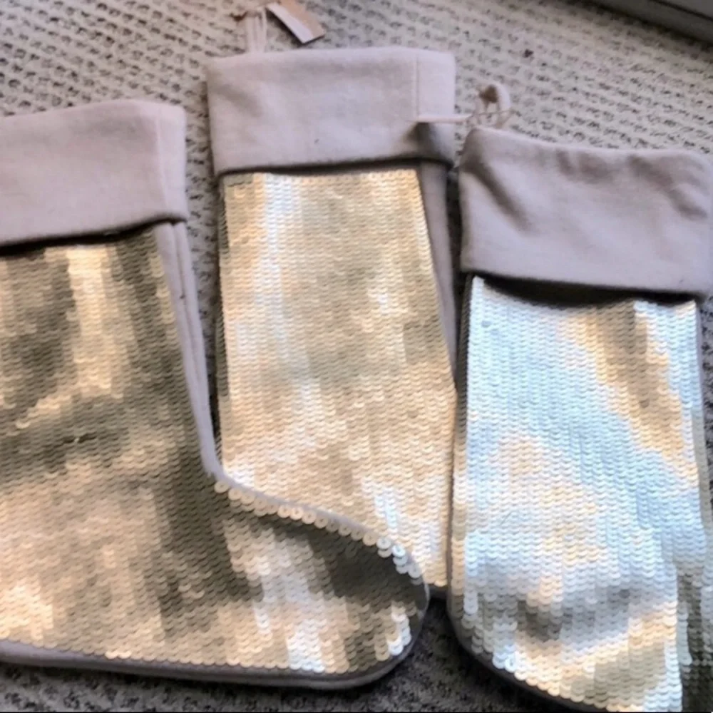 WEST ELM 3 GOLD SEQUIN CHRISTMAS STOCKINGS NWT